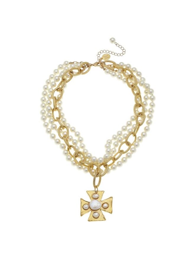 Multi Strand Pearl Cross Necklace