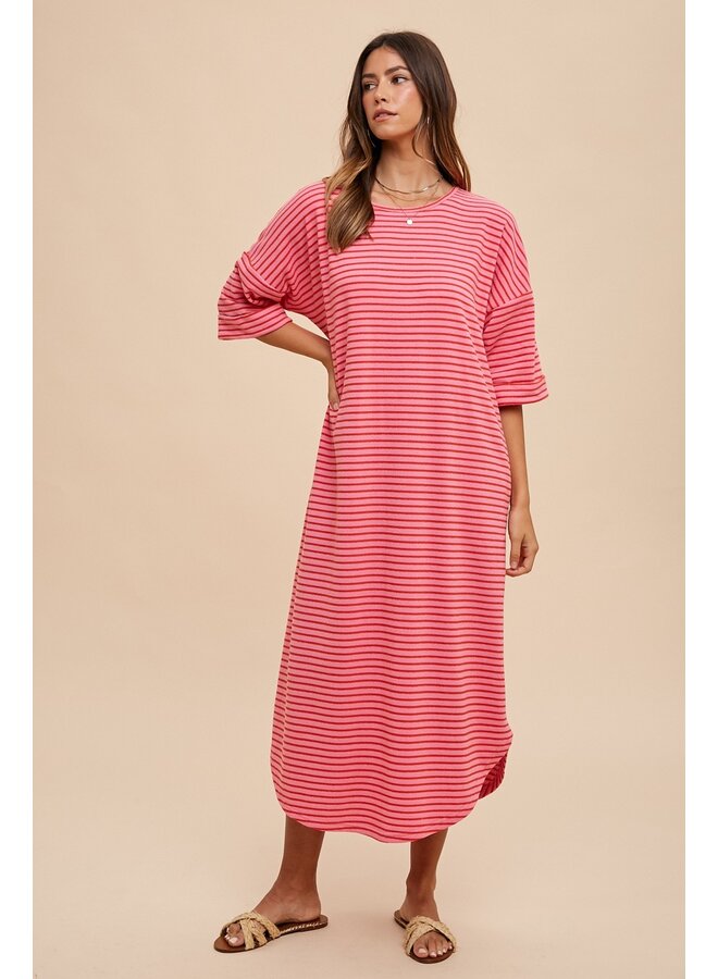 Pink/Red Striped Terry Midi Dress