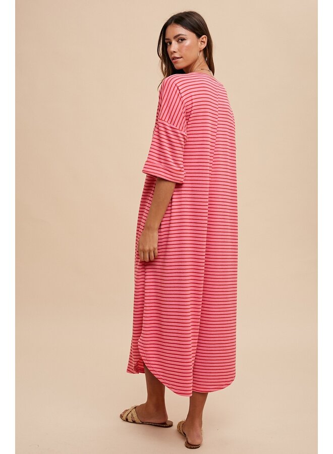 Pink/Red Striped Terry Midi Dress