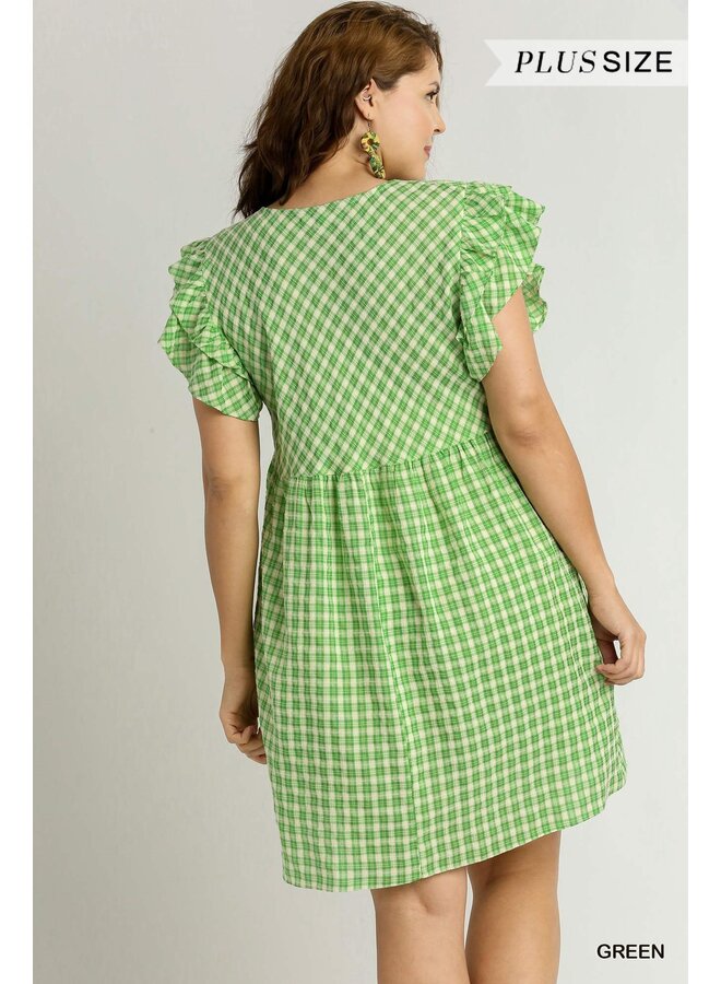 Checkered Ruffle Sleeve Mini Dress