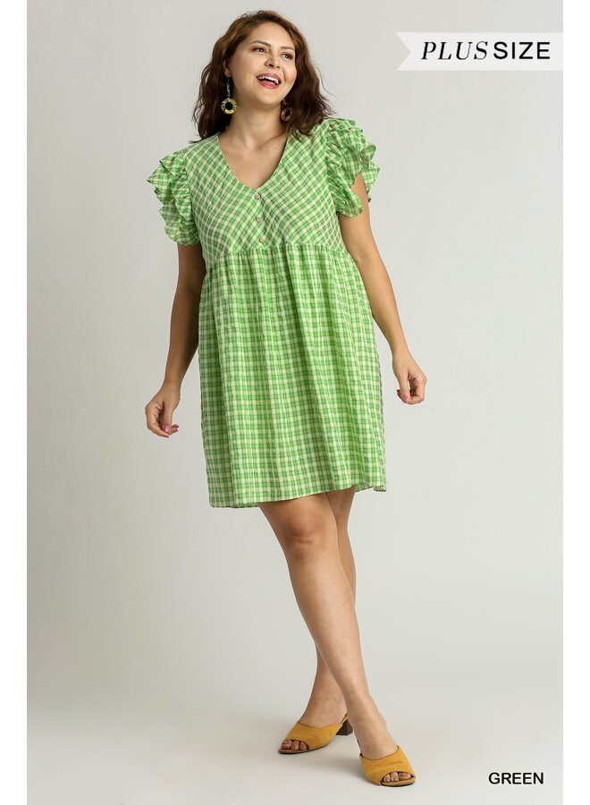 Checkered Ruffle Sleeve Mini Dress