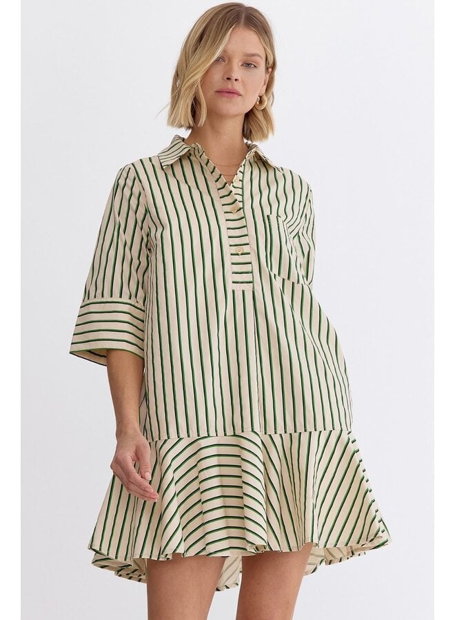 Green/Black Striped Shirt Dress