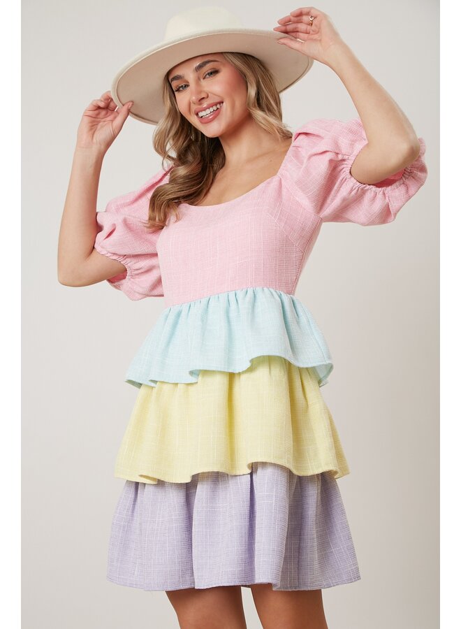 Tweed Colorblock Tiered Dress