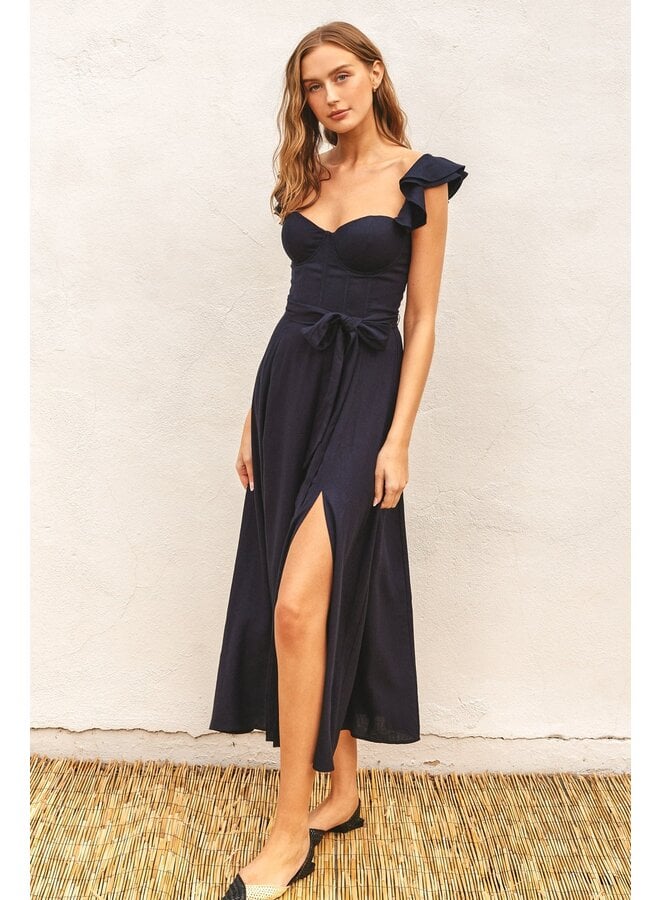 Navy Ruffle Sleeve Midi Dress