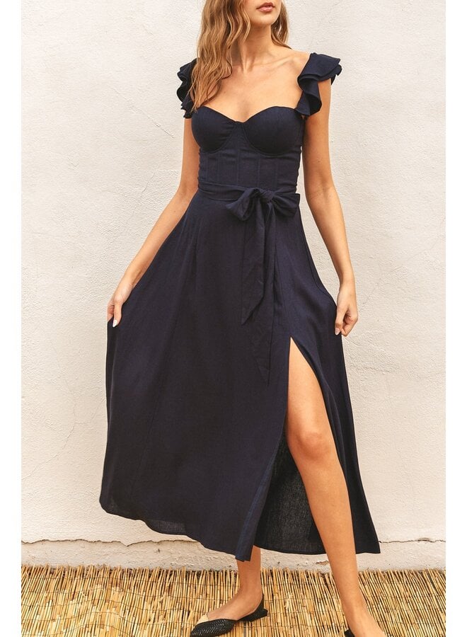 Navy Ruffle Sleeve Midi Dress