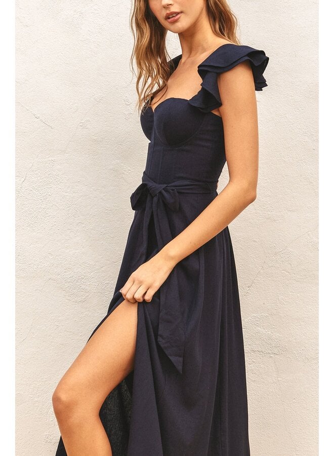 Navy Ruffle Sleeve Midi Dress