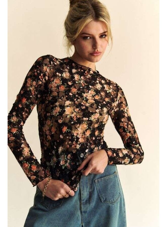 Floral Mesh Turtleneck