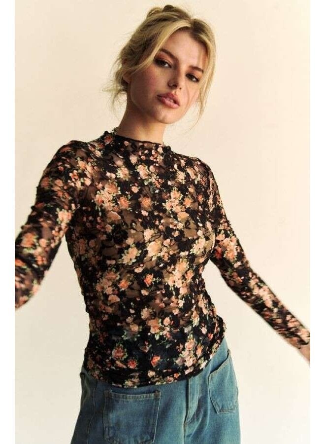 Floral Mesh Turtleneck