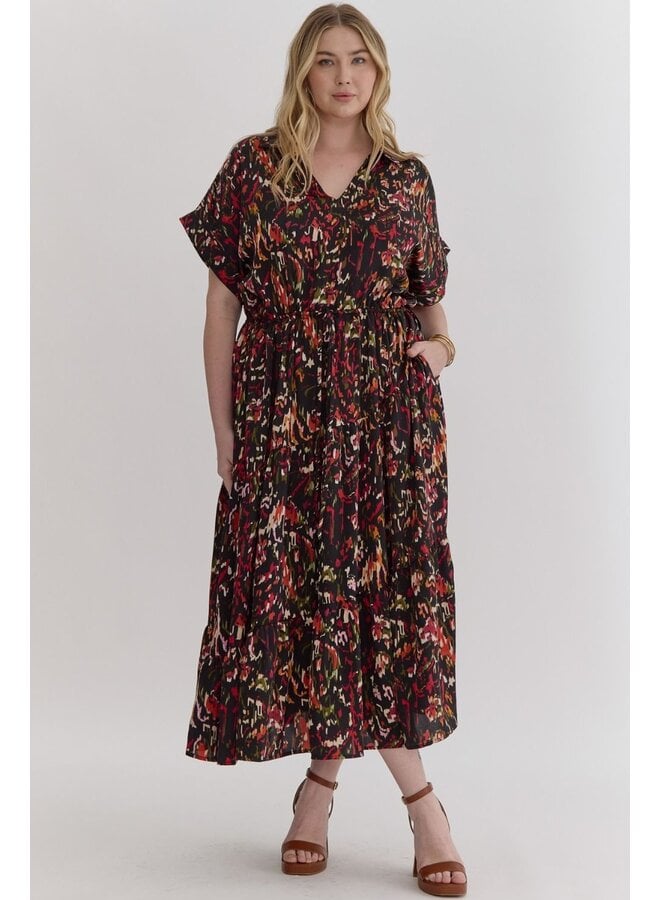 Waist Cinch Printed Midi Dress