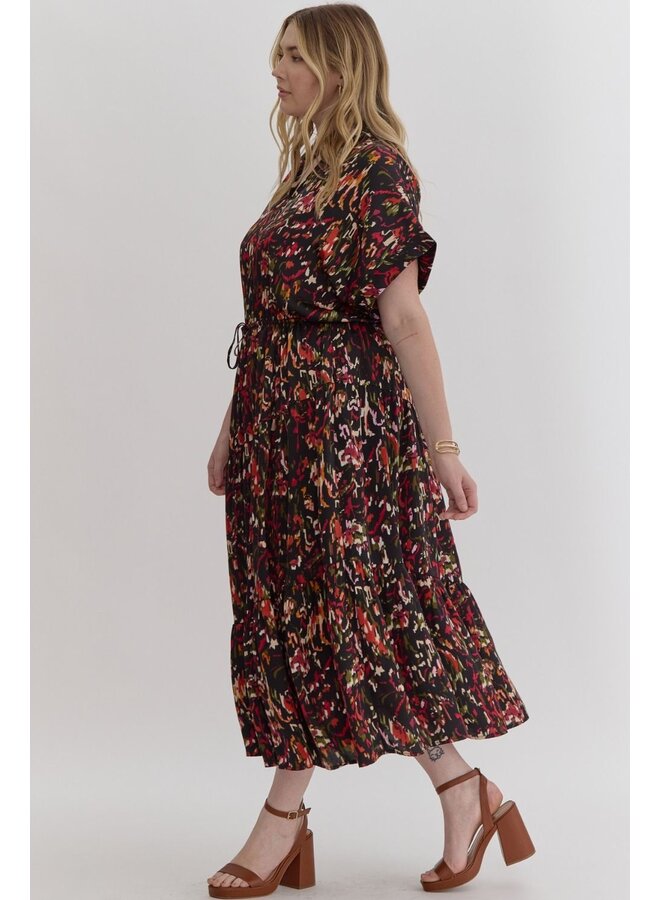 Waist Cinch Printed Midi Dress