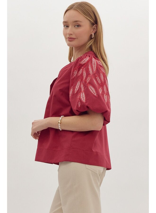 Red Embroidered Sleeve Top