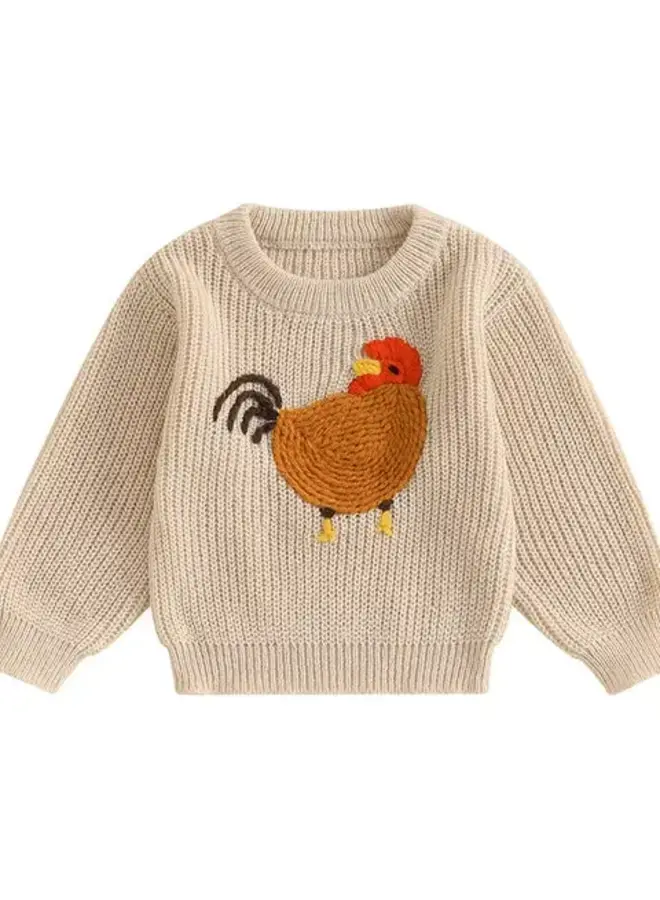 Rooster Embroidered Yarn Sweater