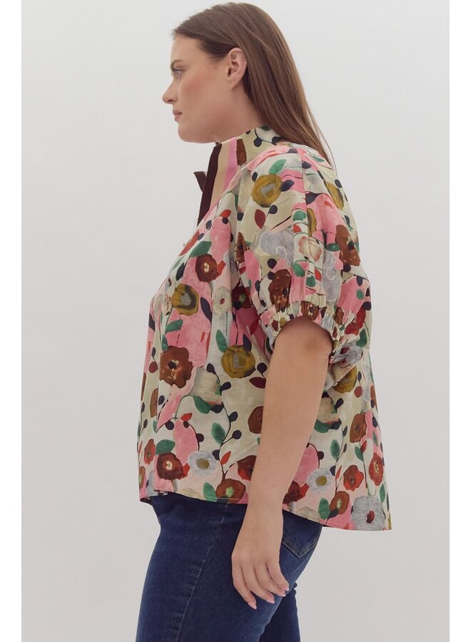 Puff Sleeve Blouse, Watercolor Flowers