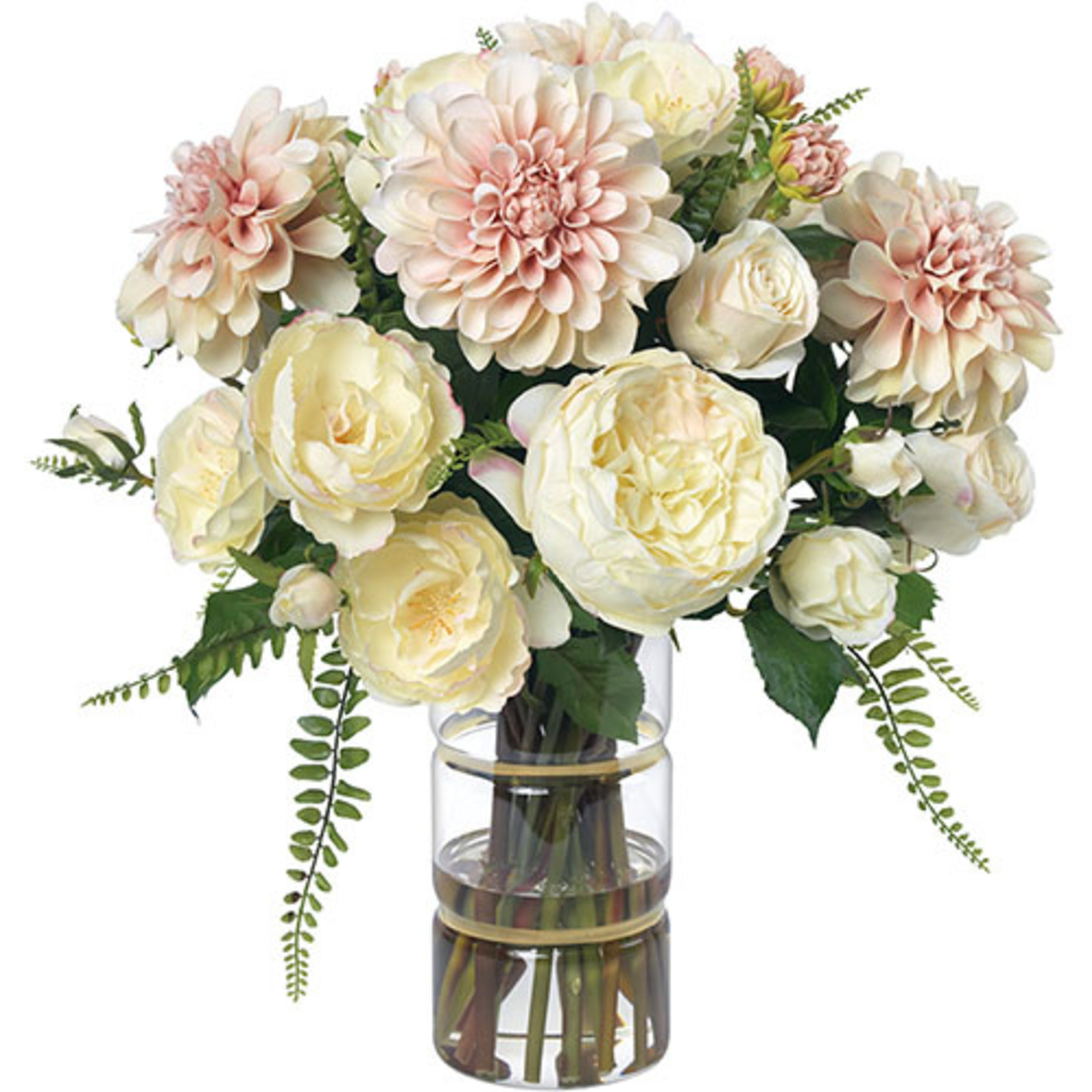 Floral Cream Rose & Pink Dahila Bouquet In Glass Vase