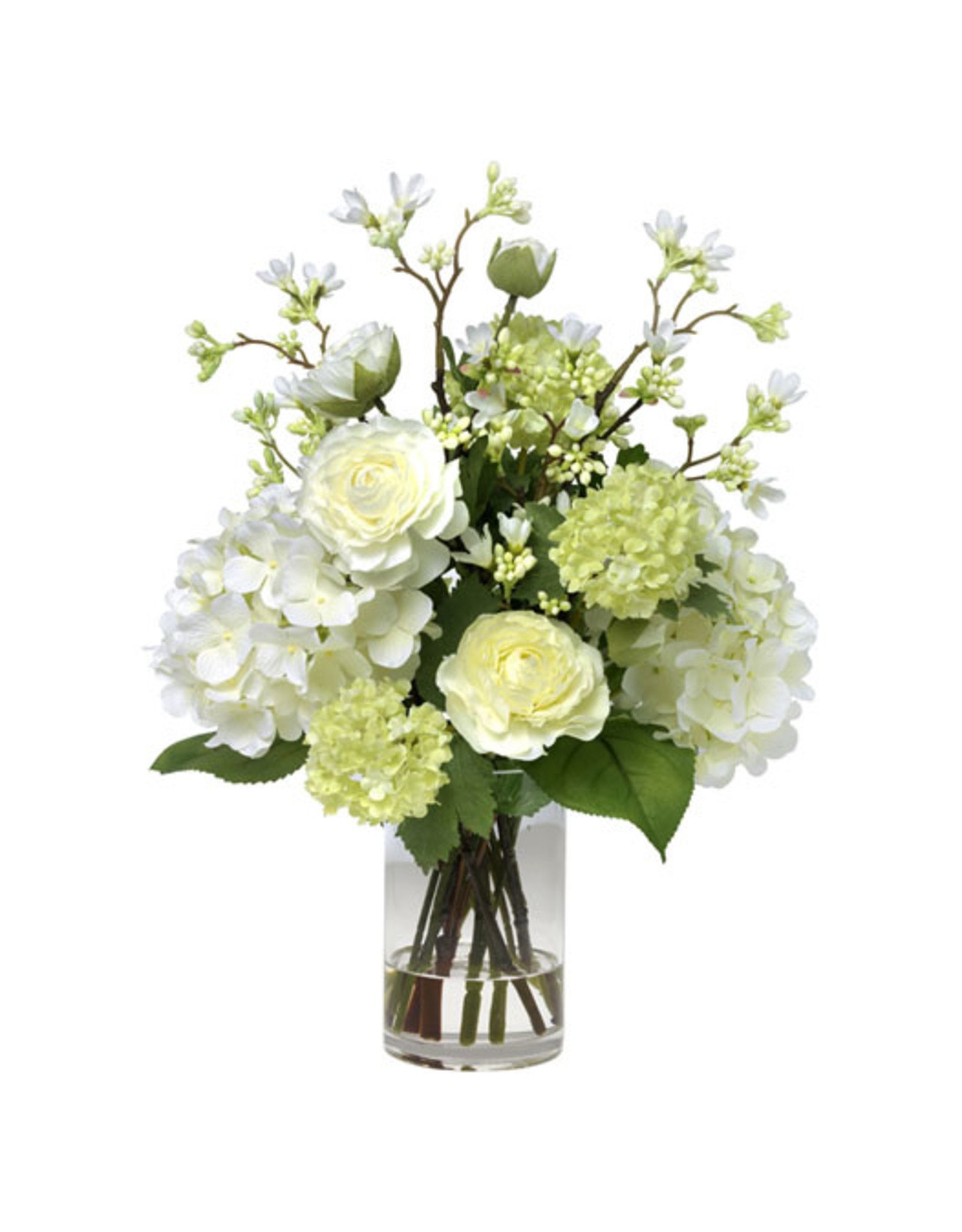 Floral Blooms Ranunculus, Hydrangea & Blossom Bouquet In Glass Vase