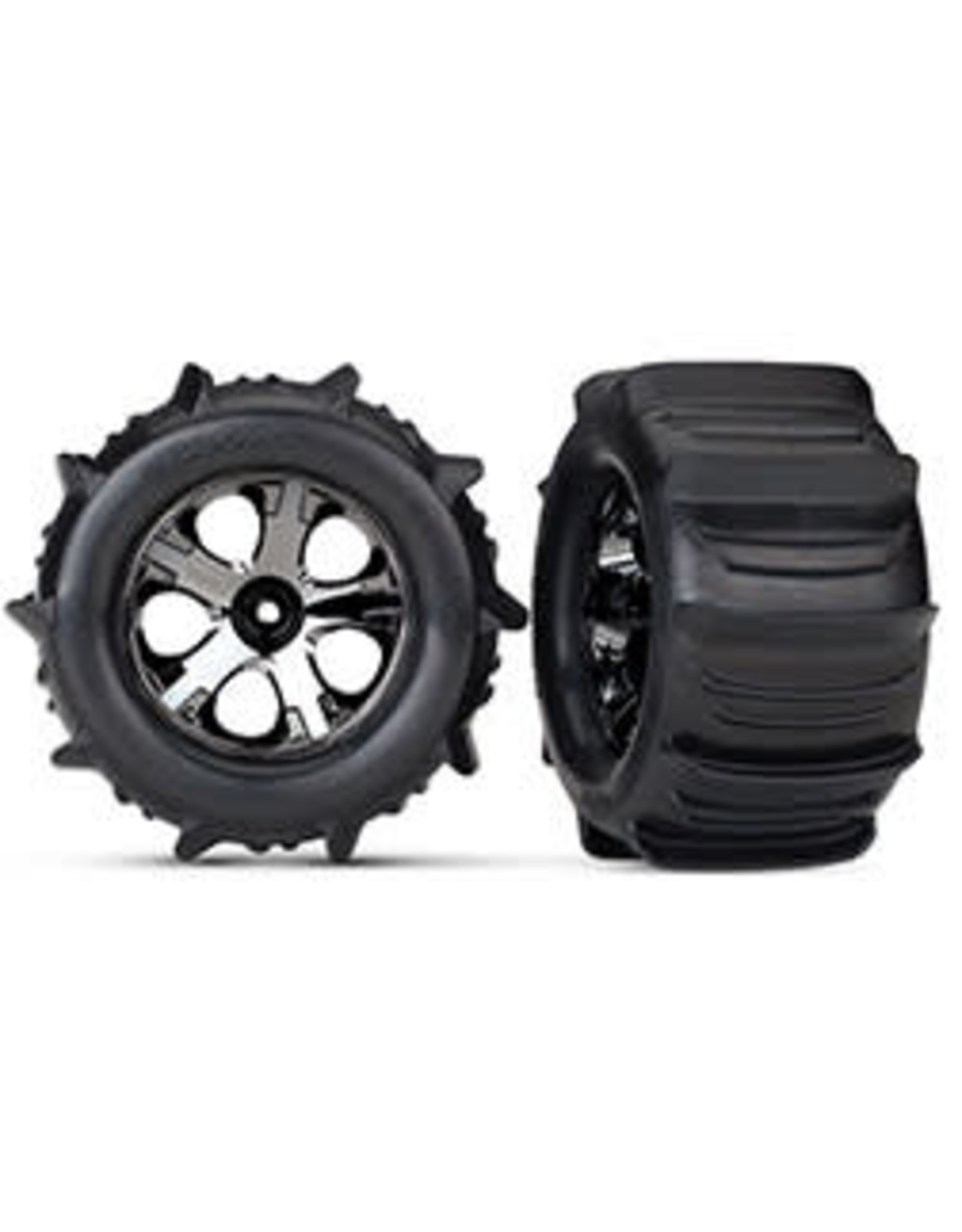 Traxxas Tires & wheels, assembled, glued (2.8') (All-Star black chrome wheels, paddle tires, foam inserts) (nitro rear/electric front) (2) (TSM rated)