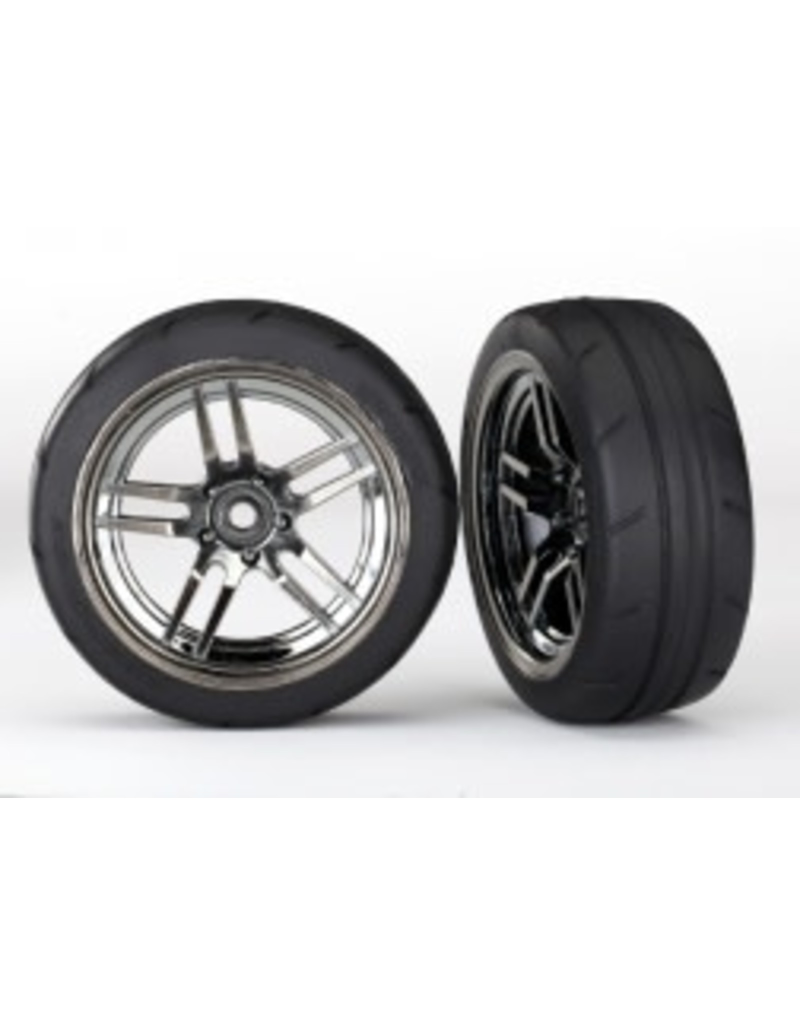 Traxxas [Tires and wheels, assembled, glued (split-spoke black chrome wheels, 1.9" Response tires) (front) (2)] Tires and wheels, assembled, glued (split-spoke black chrome wheels, 1.9" Response tires) (front) (2)