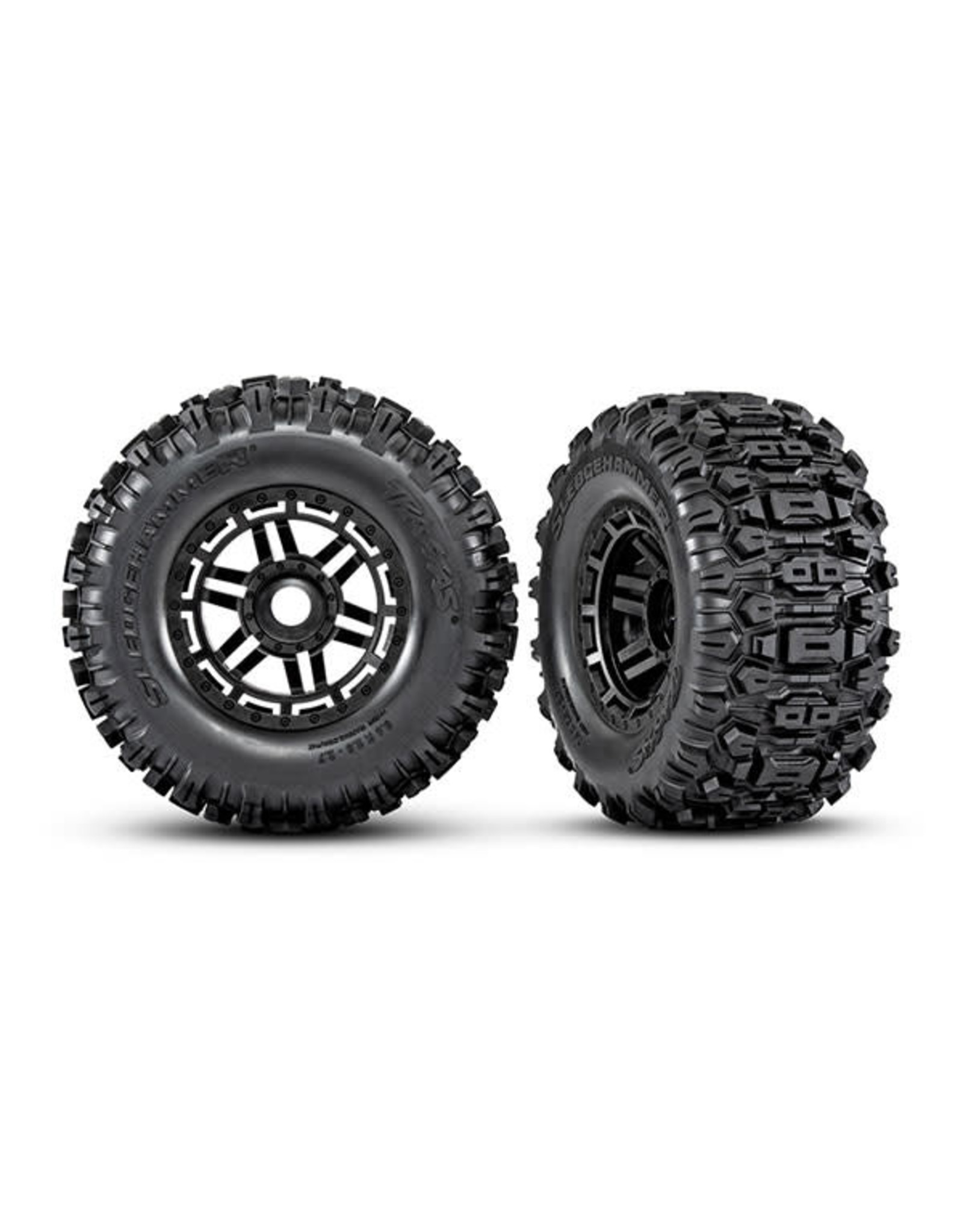 Traxxas Tires & wheels, assembled, glued (black wheels, dual profile (2.8" outer, 3.6" inner), Sledgehammer® tires, foam inserts) (2) (17mm splined) (TSM® rated)