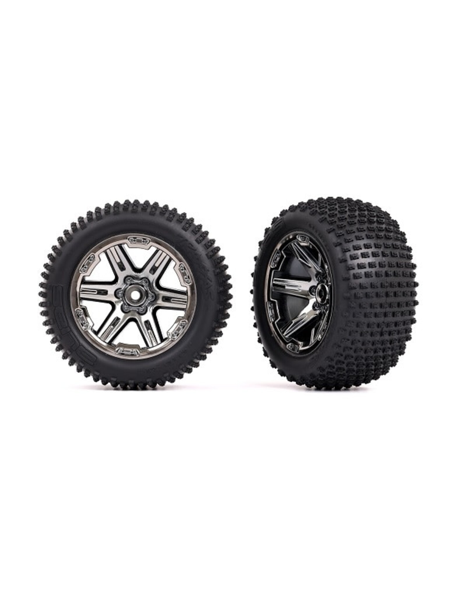 Traxxas Tires & wheels, assembled, glued (2.8") (RXT black chrome wheels, Alias® tires, foam inserts) (2WD electric rear) (2) (TSM® rated)