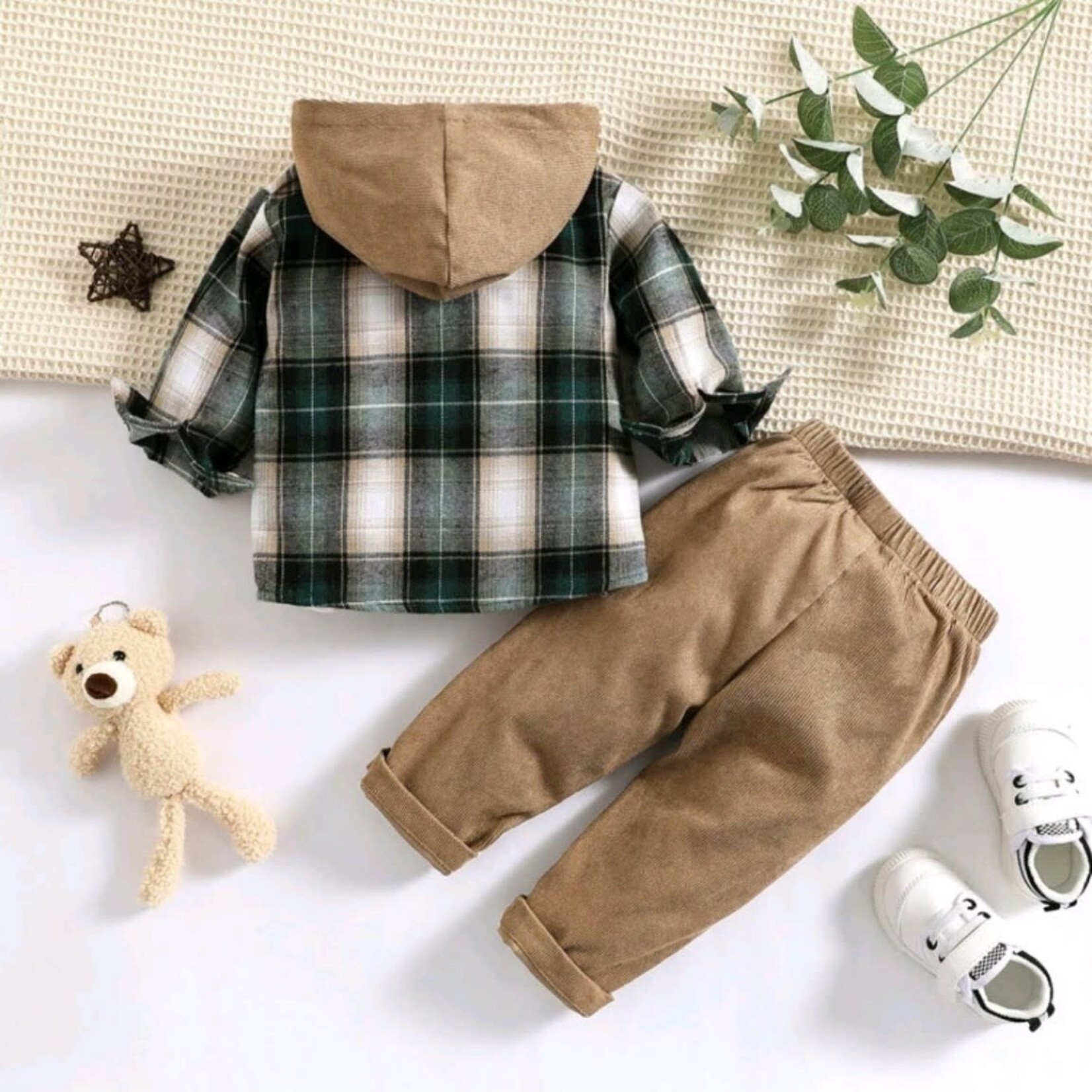 Baby Hooded Plaid Shirt And Pant Set