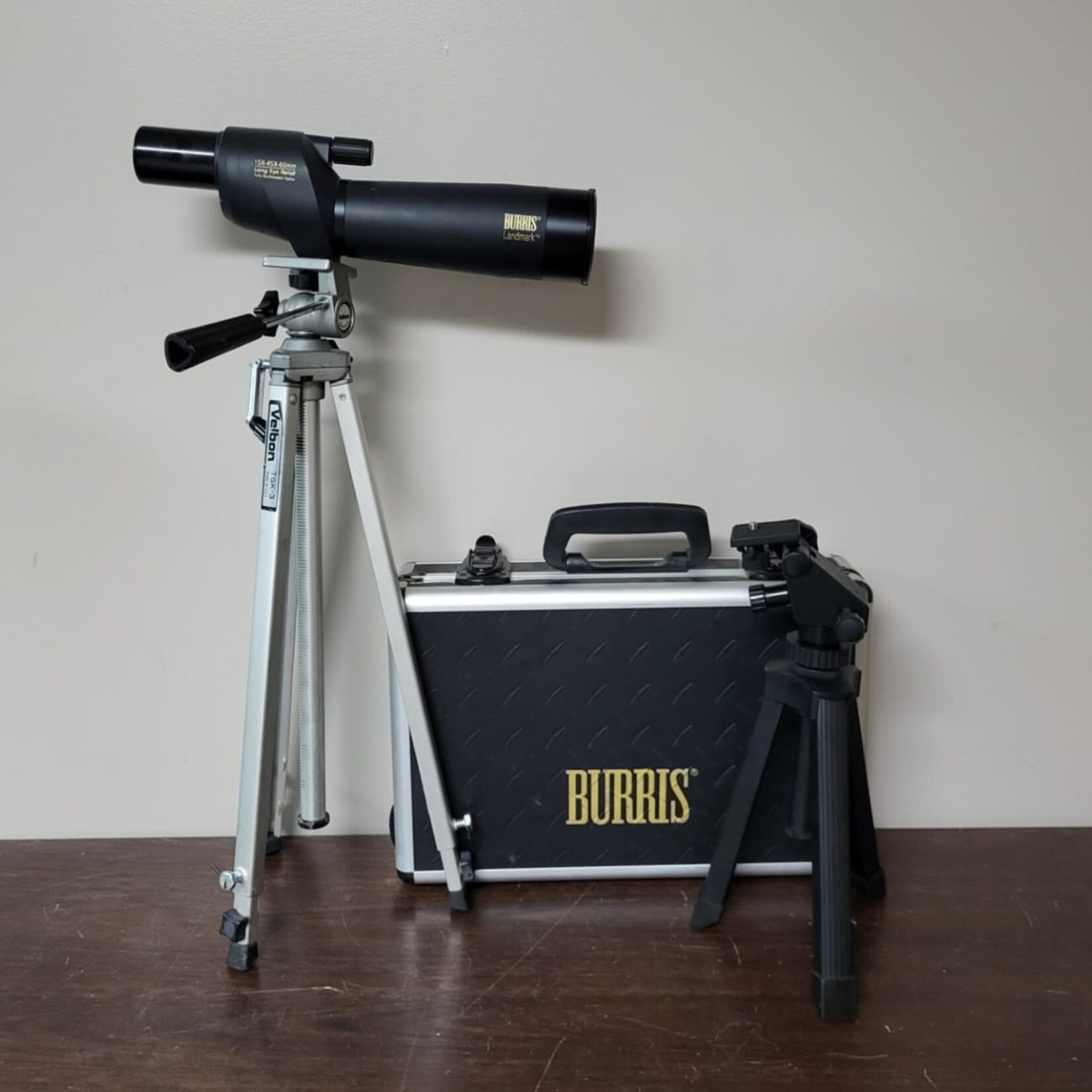 Used Burris Landmark 15-45x60 Spotting Scope w/ Burris Tripod, Valbon TGK -3 Tripod, Burris Carry Case