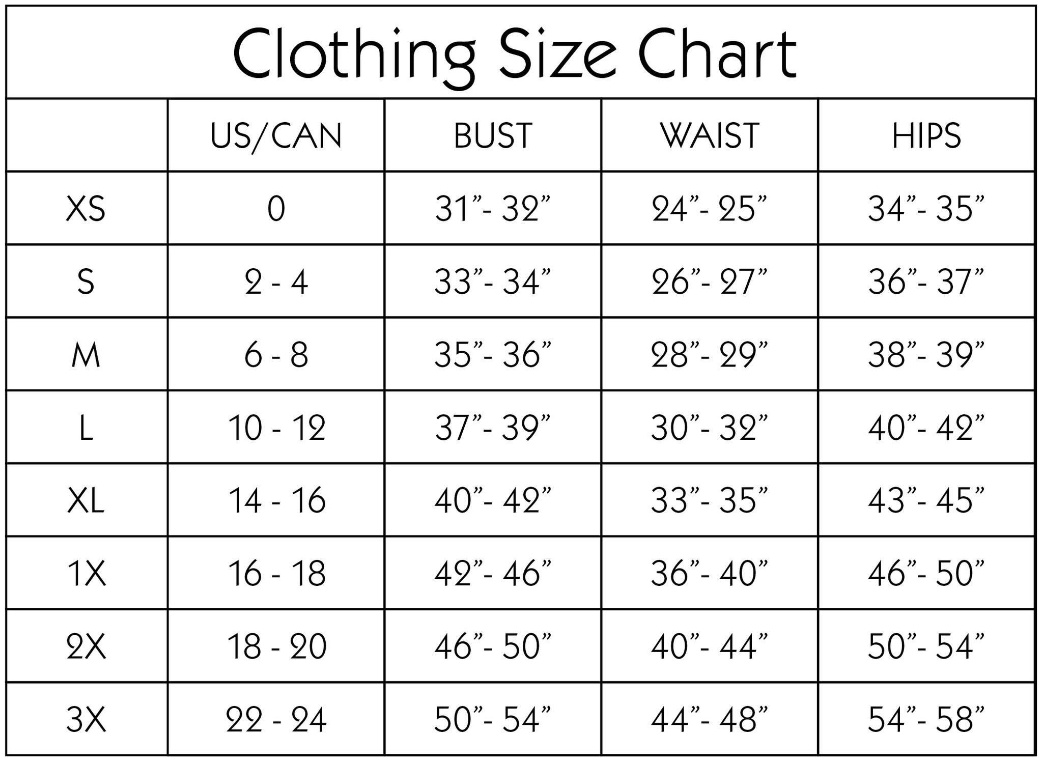 Size Chart - Beautiful Life Clothing Boutique