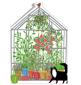 Caspari Birthday Card Cat And Greenhouse