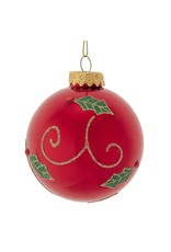 Kurt Adler Red With Green Holly Leaf Glass Ball Ornaments Set of 6
