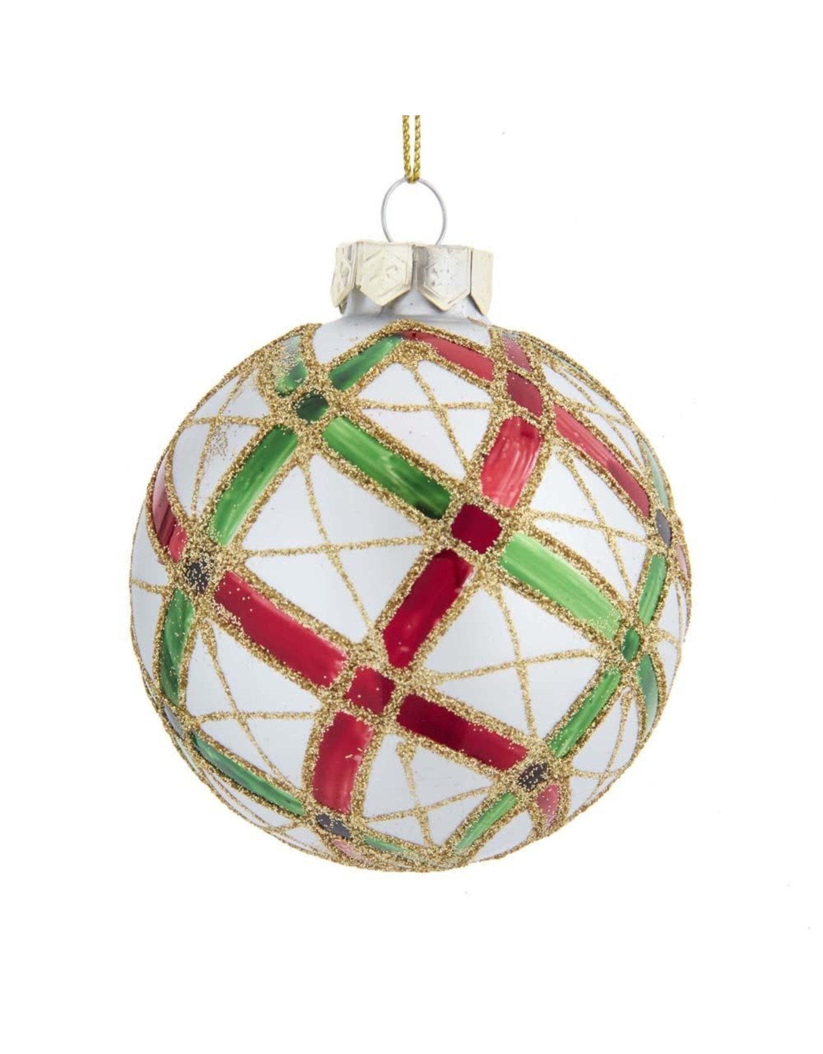 Kurt Adler Plaid Red Green Gold on Silver Glass Ball Ornaments Set 6