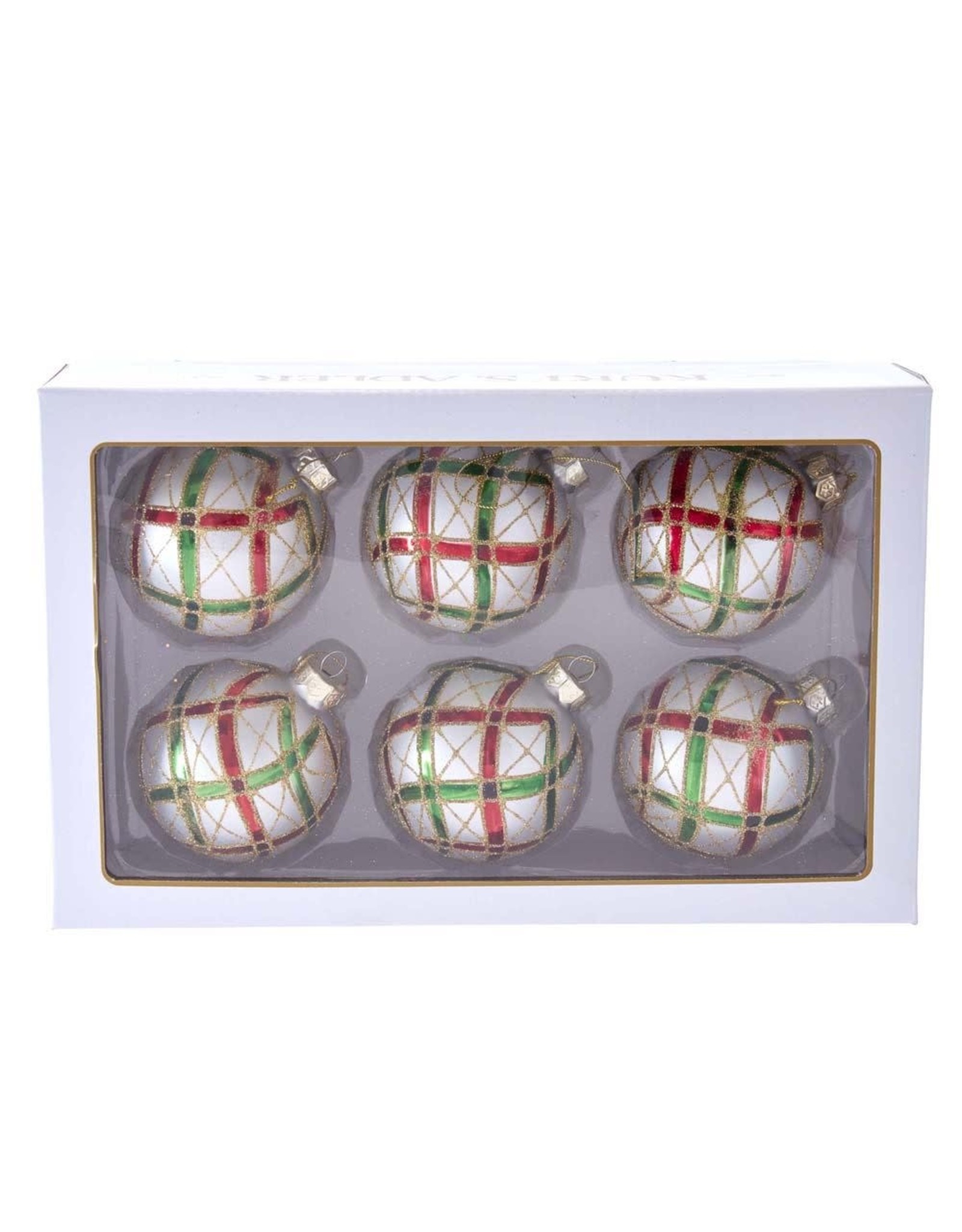 Kurt Adler Plaid Red Green Gold on Silver Glass Ball Ornaments Set 6