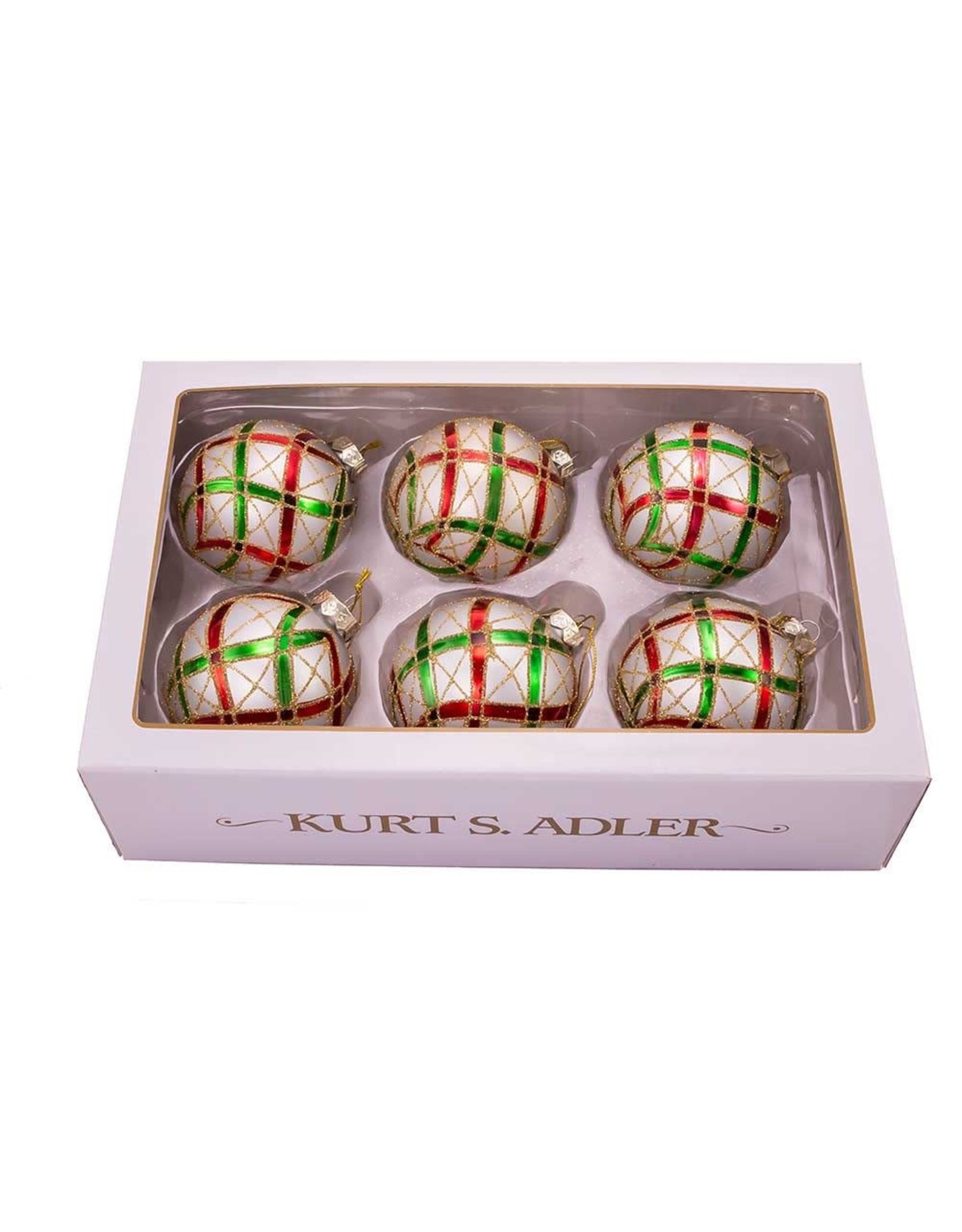 Kurt Adler Plaid Red Green Gold on Silver Glass Ball Ornaments Set 6