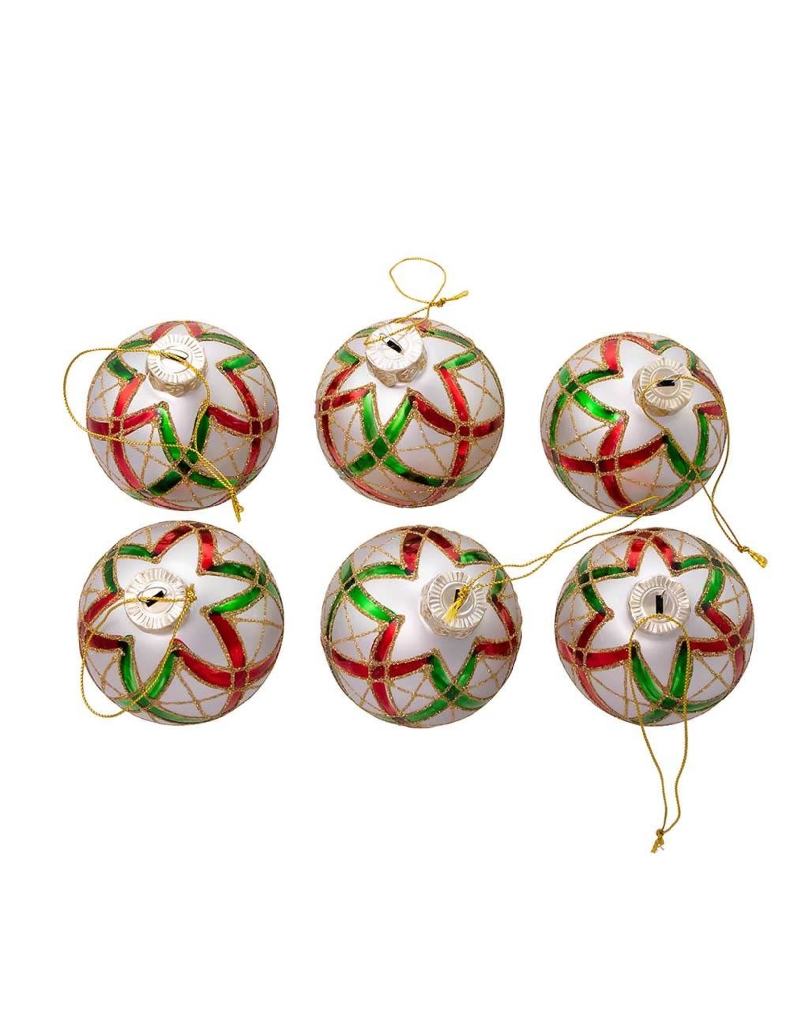 Kurt Adler Plaid Red Green Gold on Silver Glass Ball Ornaments Set 6