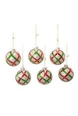 Kurt Adler Plaid Red Green Gold on Silver Glass Ball Ornaments Set 6