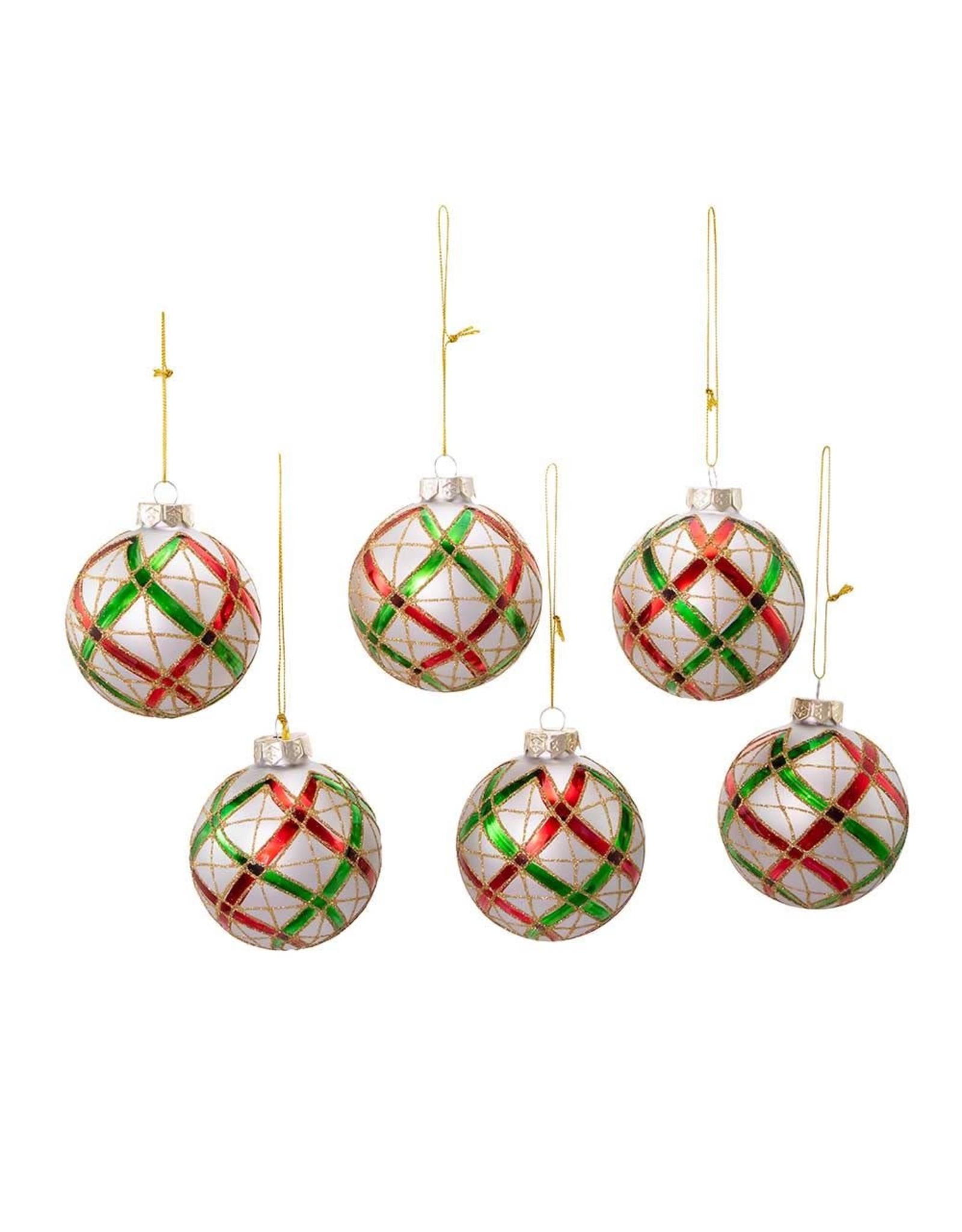 Kurt Adler Plaid Red Green Gold on Silver Glass Ball Ornaments Set 6