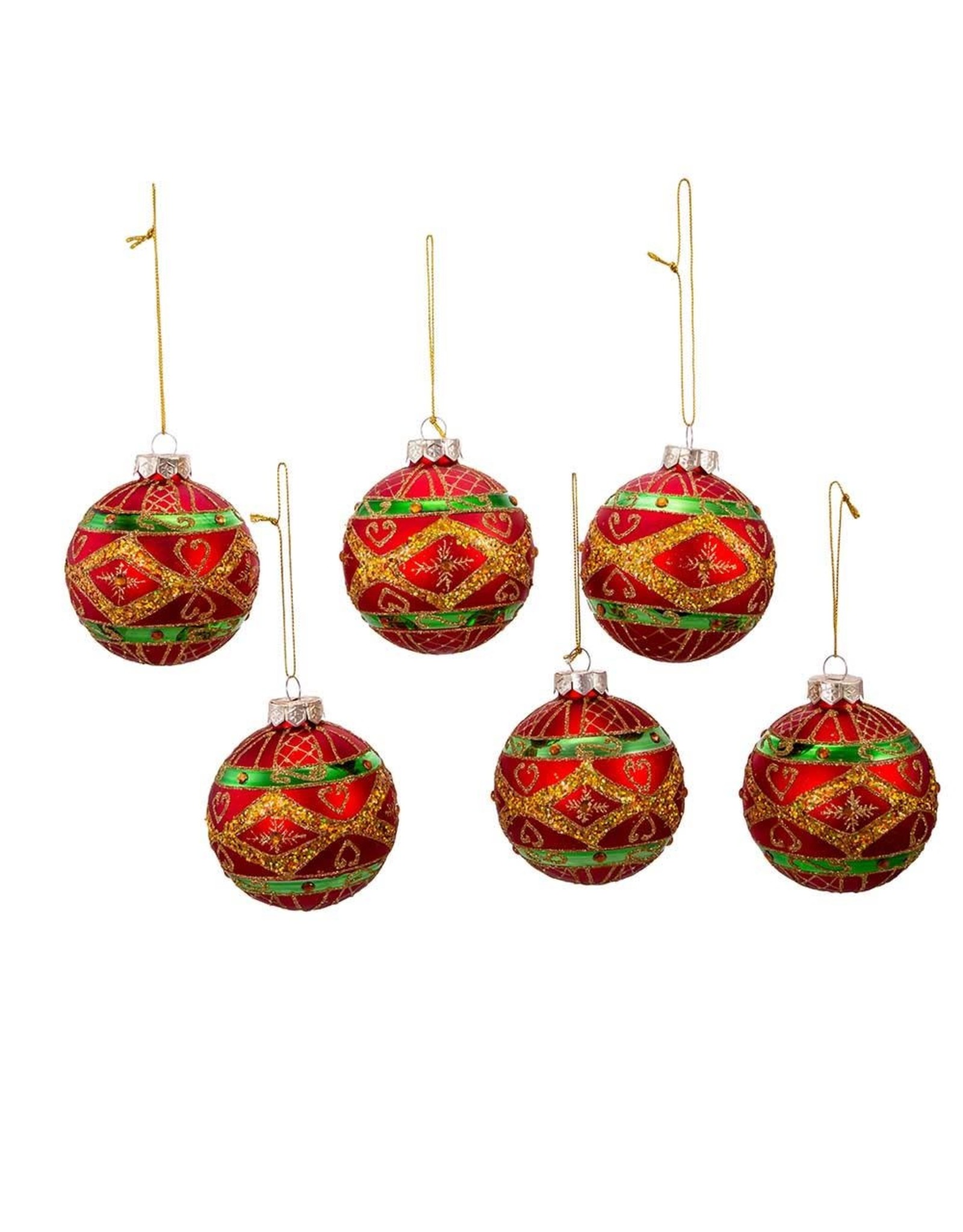 Kurt Adler Red Green Gold Glass Ball Ornaments Set of 6