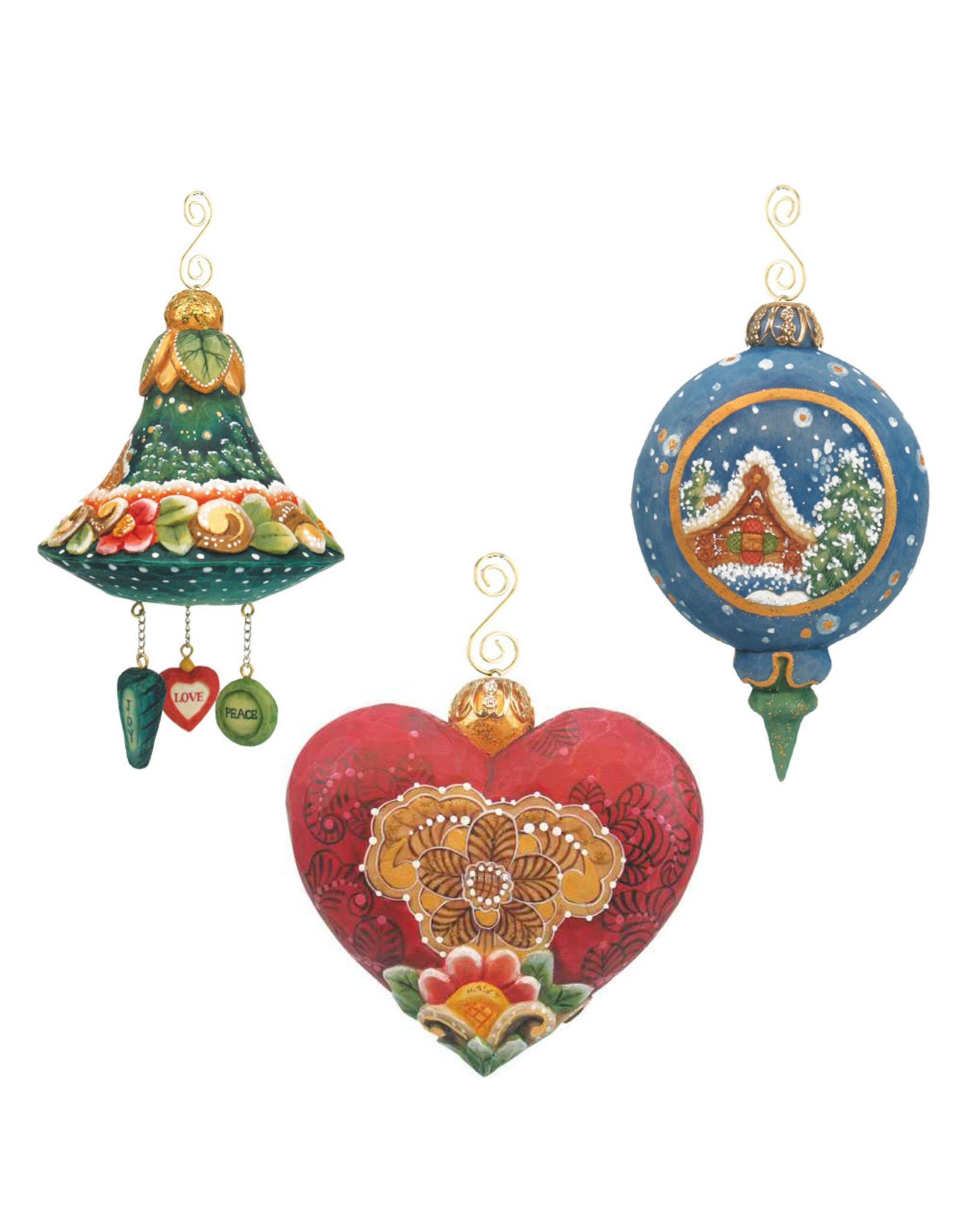 DeBrekht Artistic Studios Bell Heart And Round Drop Ornaments Set Of 3