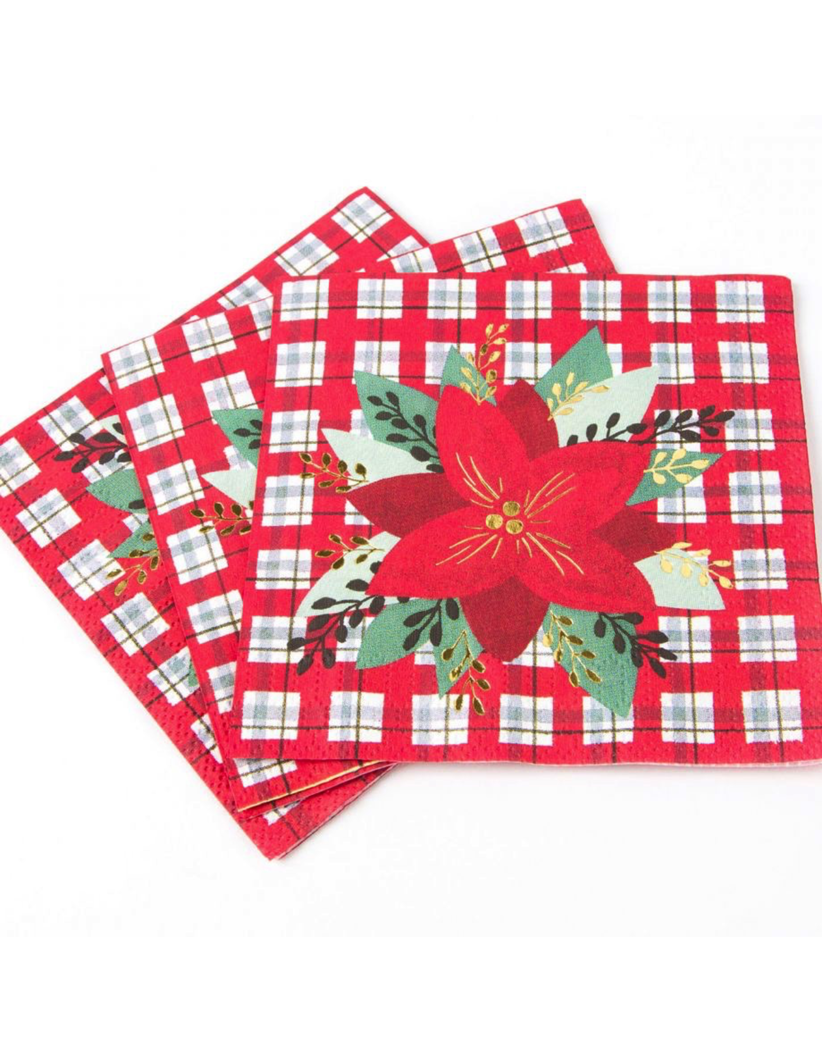 Papyrus Christmas Cocktail Beverage Napkins 20pk Poinsettia on Plaid