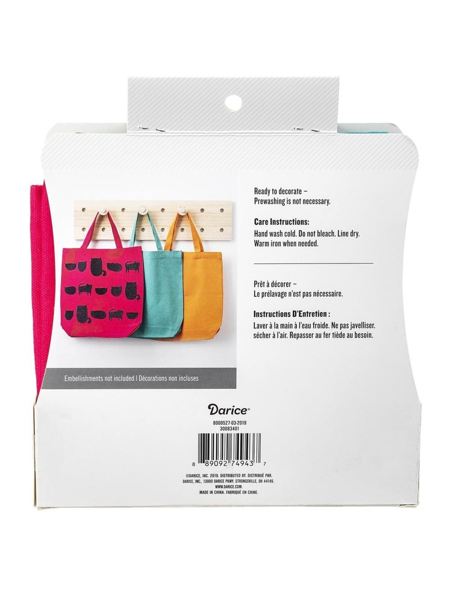 Darice Cotton Canvas Tote 3 Pack 13.5x13.5 Inch Pink Teal Orange