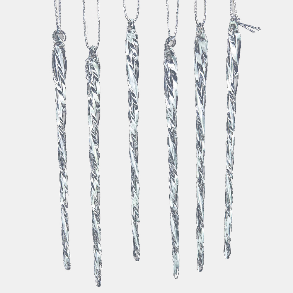 Kurt Adler Glass Icicle Ornaments Clear Glow in the Dark Twist Set of