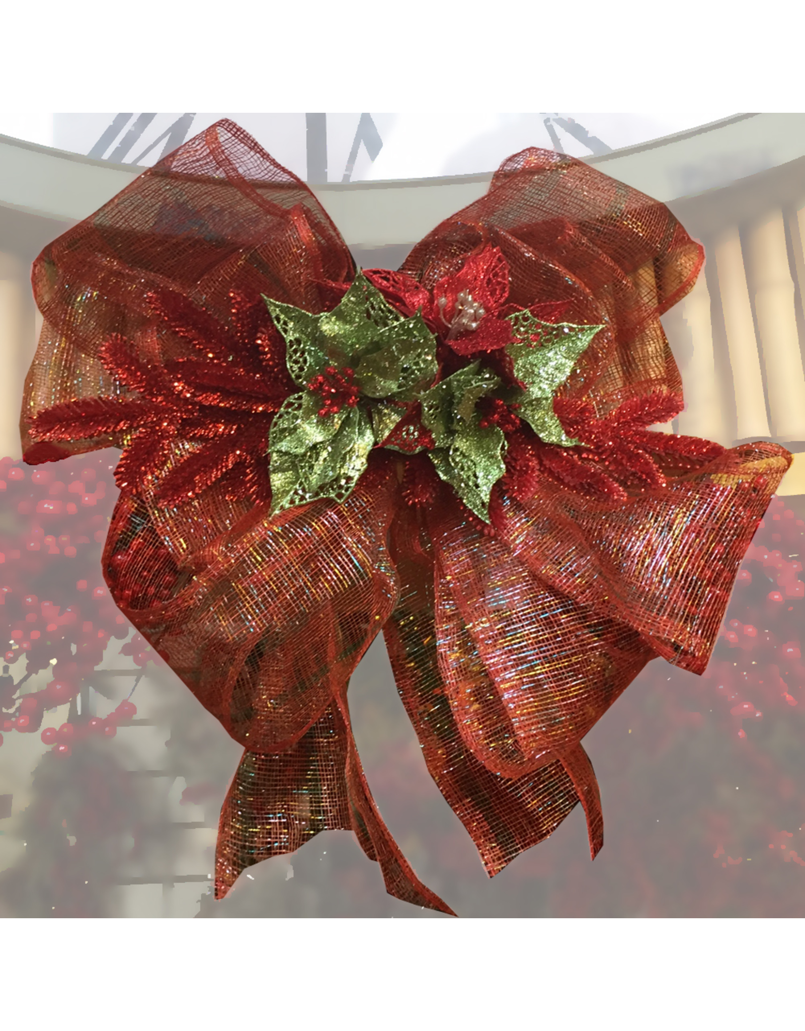 DIGS-N-GIFTS Red Green Mesh Bow w Floral Triple Poinsettia and Pine Branches