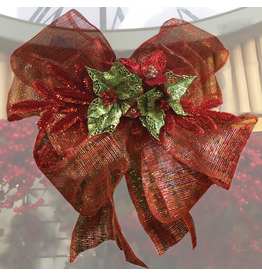 DIGS-N-GIFTS Red Green Mesh Bow w Floral Triple Poinsettia and Pine Branches