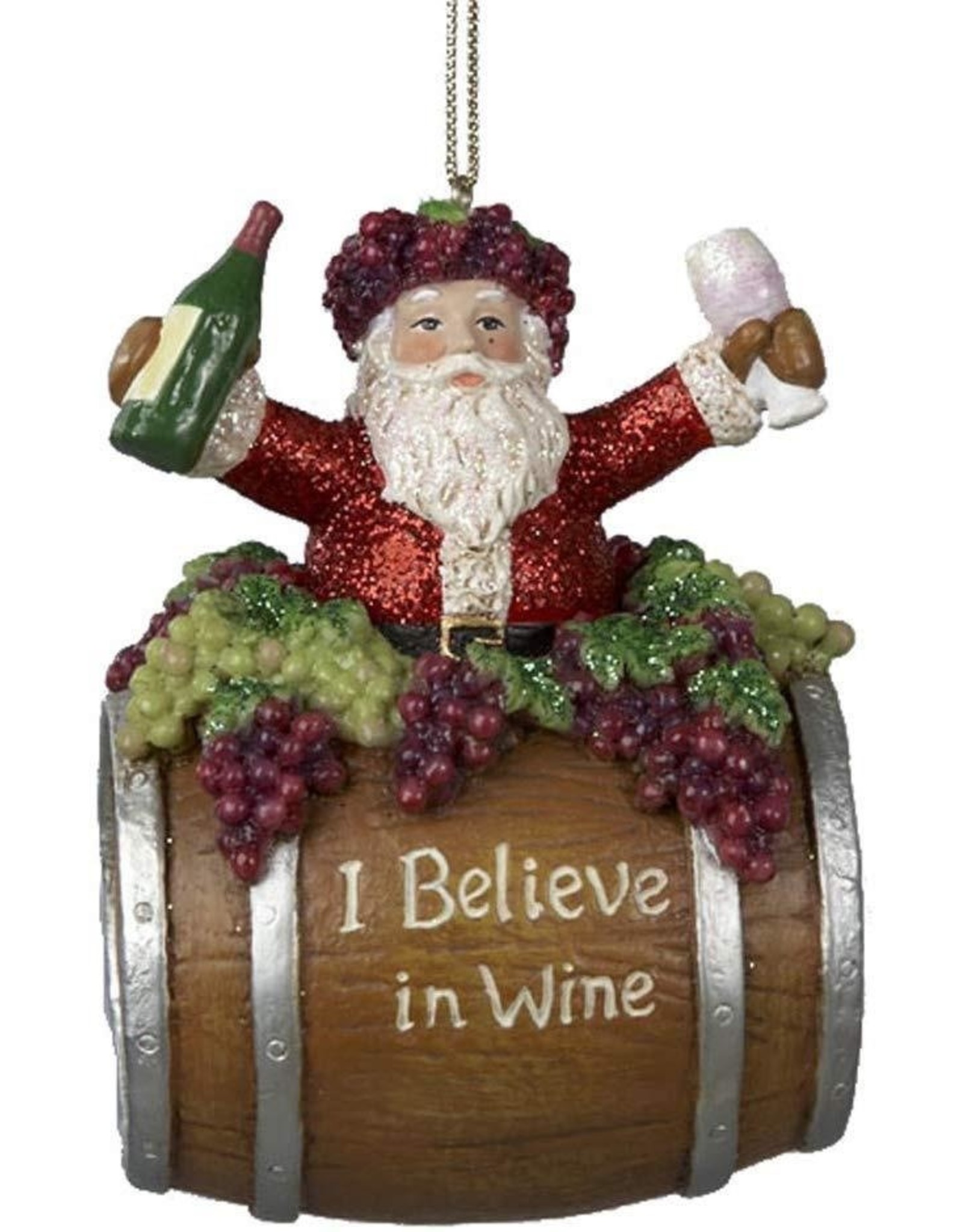 Kurt Adler Santa On Barrel Ornament With I Believe In Wine 4 Inch