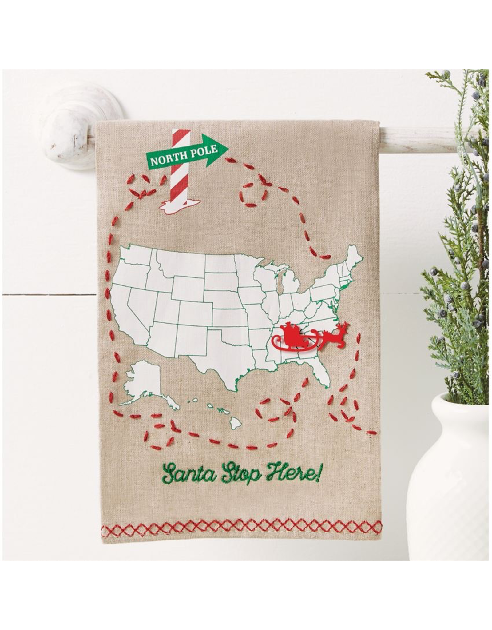 Mud Pie Santa Stop Here Christmas Towel W Mark Your Stop Sleigh Pin