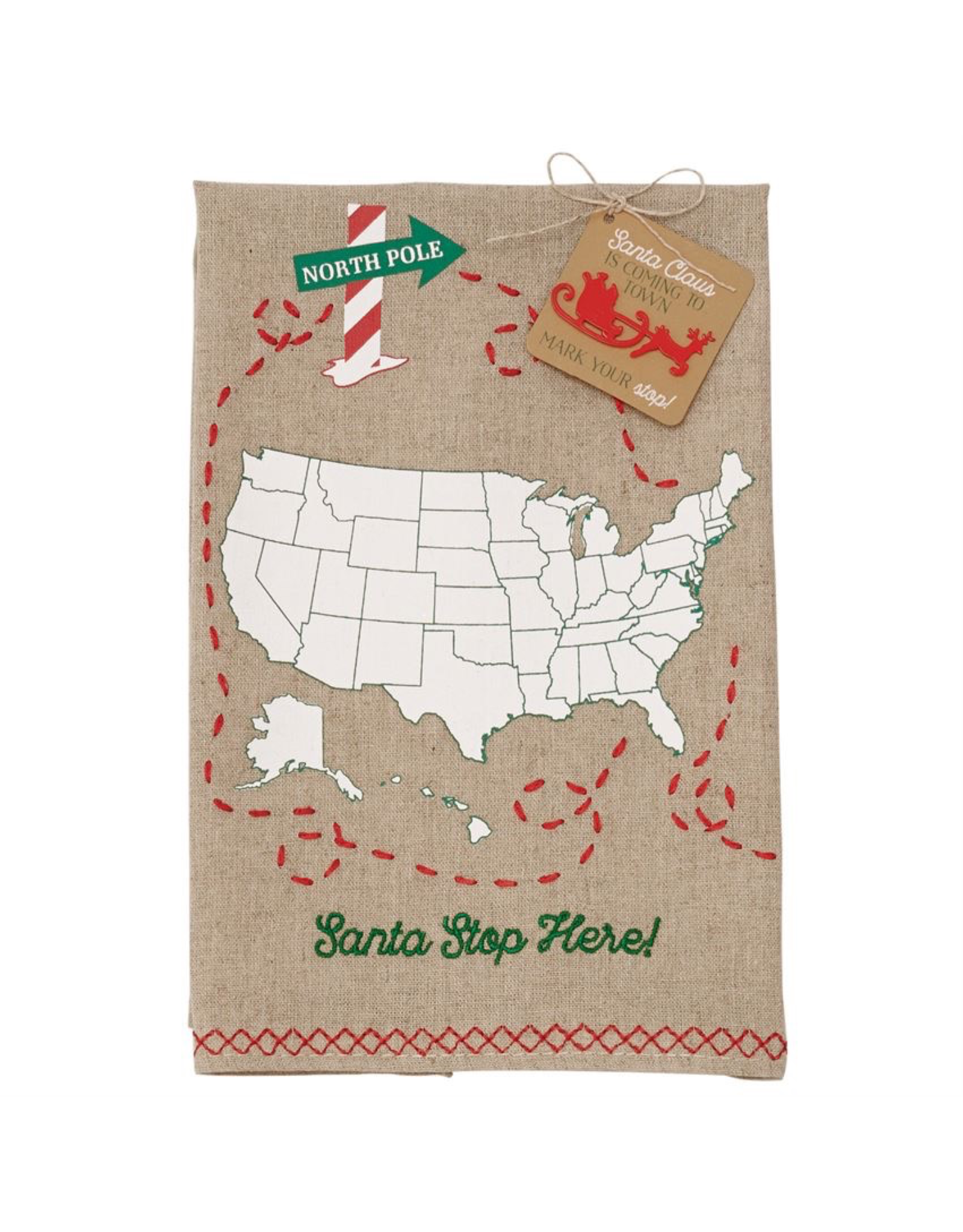 Mud Pie Santa Stop Here Christmas Towel W Mark Your Stop Sleigh Pin