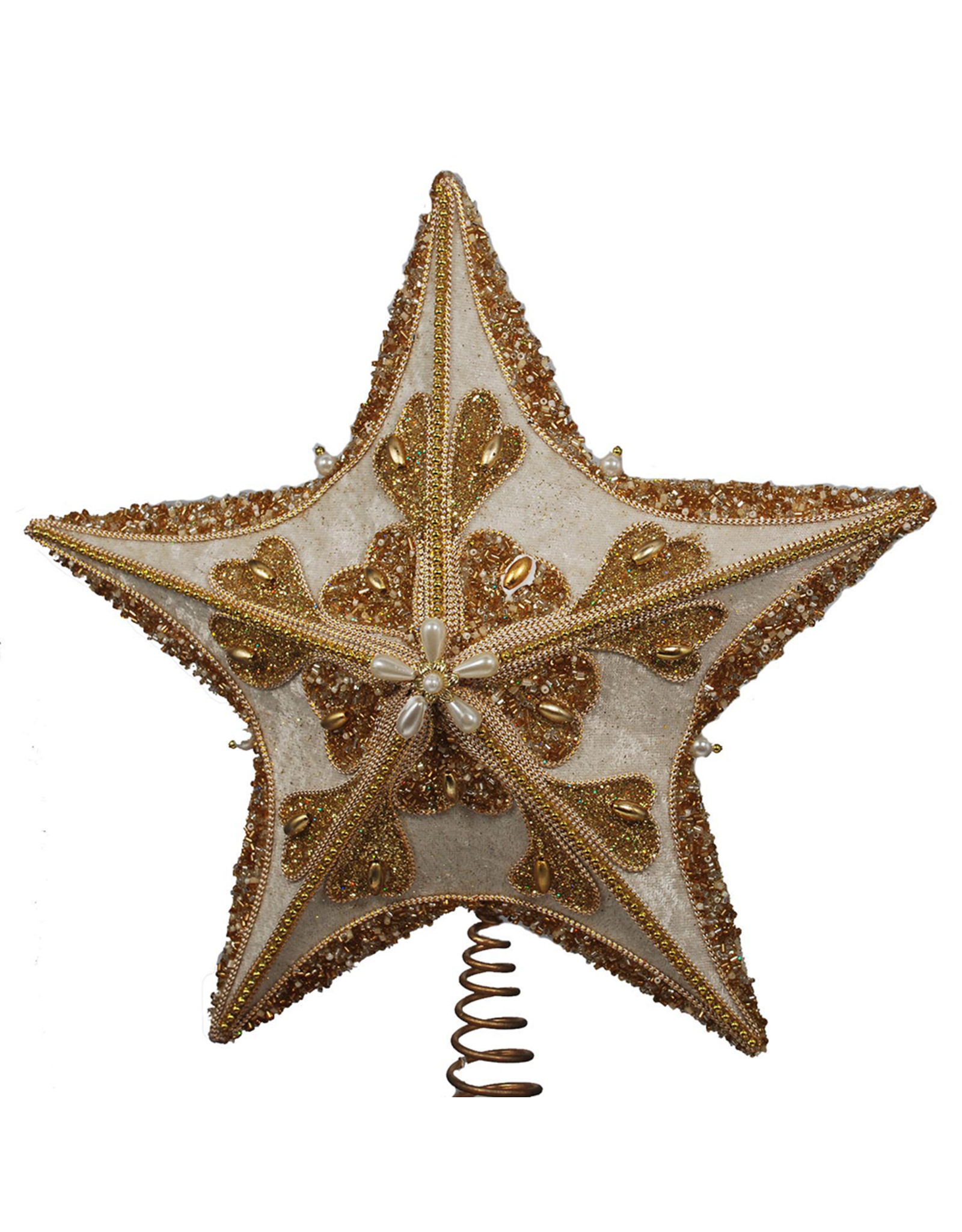 Kurt Adler Christmas Star Tree Topper Ivory Gold w Glitter Beading and Cording