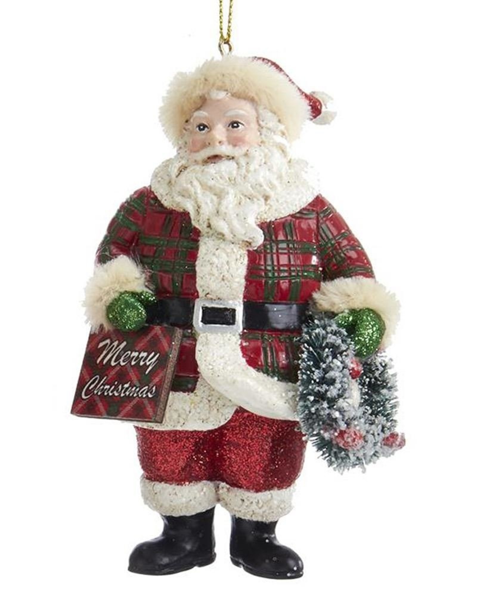 Kurt Adler Classic Plaid Santa Ornament Wreath W Merry Christmas Sign