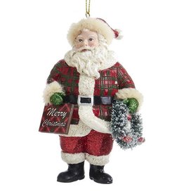 Kurt Adler Classic Plaid Santa Ornament Wreath W Merry Christmas Sign