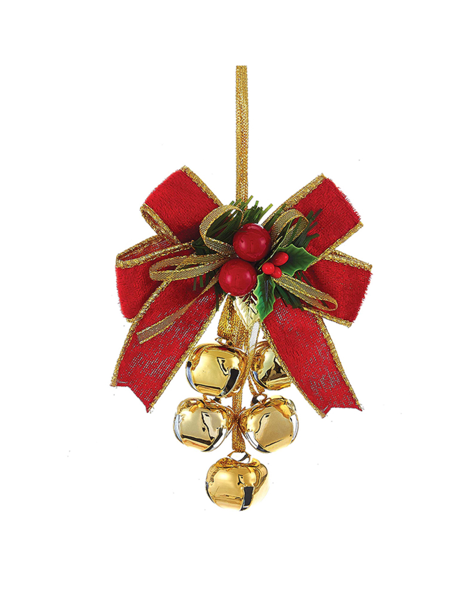 Kurt Adler Red Gold Bow w Mistletoe Metal Bells Cluster -BALL