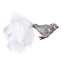 Kurt Adler Glass Deco Bird Ornament Silver Glitter w Feathers -A