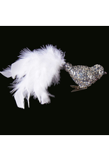 Kurt Adler Glass Deco Bird Ornament Silver Glitter w Feathers -A